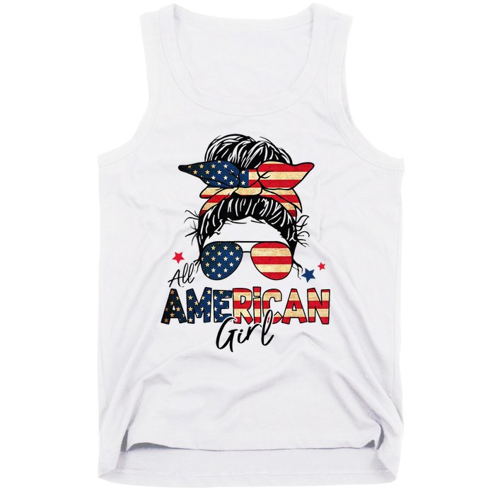 All American 4th Of July  Messy Bun USA Flag Tank Top