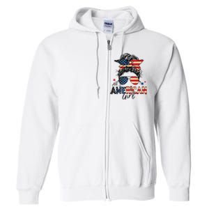 All American 4th Of July  Messy Bun USA Flag Full Zip Hoodie