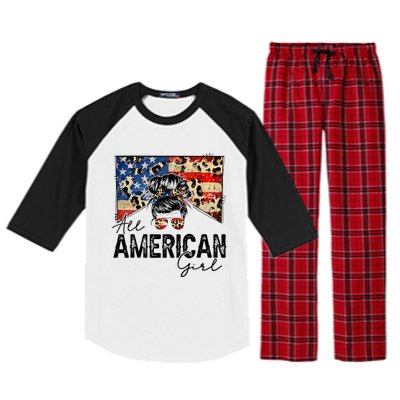 All American 4th Of July  Messy Bun USA Flag Raglan Sleeve Pajama Set