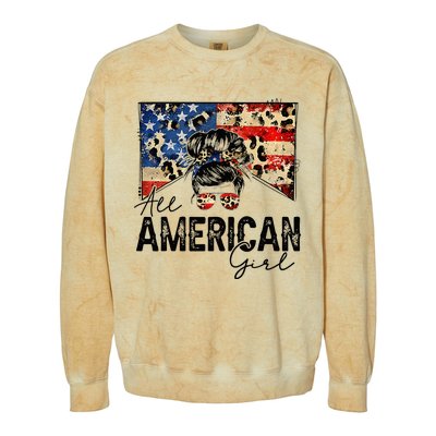 All American 4th Of July  Messy Bun USA Flag Colorblast Crewneck Sweatshirt