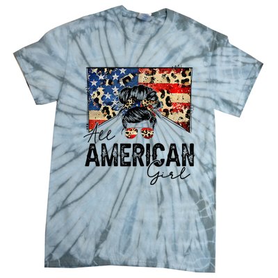 All American 4th Of July  Messy Bun USA Flag Tie-Dye T-Shirt