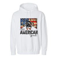 All American 4th Of July  Messy Bun USA Flag Garment-Dyed Fleece Hoodie