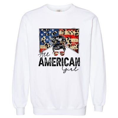 All American 4th Of July  Messy Bun USA Flag Garment-Dyed Sweatshirt