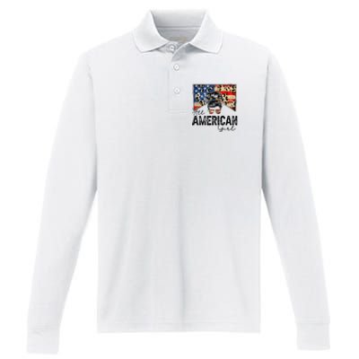 All American 4th Of July  Messy Bun USA Flag Performance Long Sleeve Polo