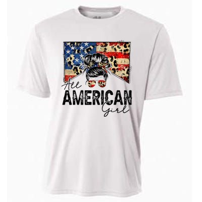 All American 4th Of July  Messy Bun USA Flag Cooling Performance Crew T-Shirt