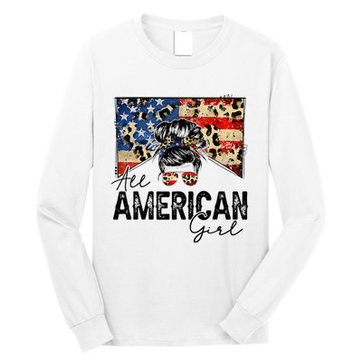 All American 4th Of July  Messy Bun USA Flag Long Sleeve Shirt