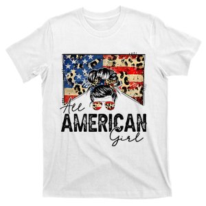 All American 4th Of July  Messy Bun USA Flag T-Shirt