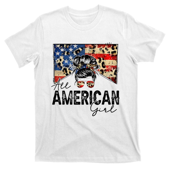 All American 4th Of July  Messy Bun USA Flag T-Shirt