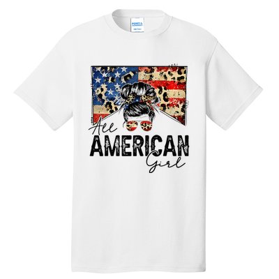 All American 4th Of July  Messy Bun USA Flag Tall T-Shirt