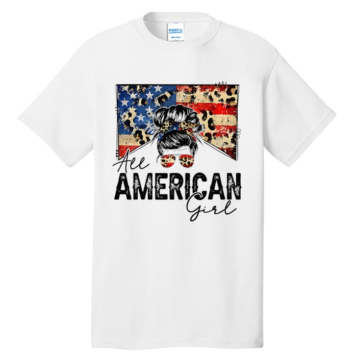 All American 4th Of July  Messy Bun USA Flag Tall T-Shirt