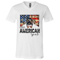 All American 4th Of July  Messy Bun USA Flag V-Neck T-Shirt