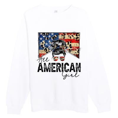 All American 4th Of July  Messy Bun USA Flag Premium Crewneck Sweatshirt