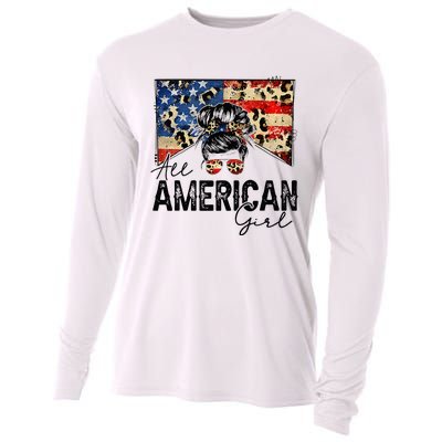 All American 4th Of July  Messy Bun USA Flag Cooling Performance Long Sleeve Crew