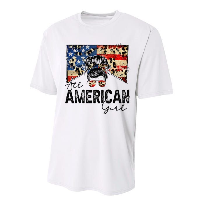 All American 4th Of July  Messy Bun USA Flag Performance Sprint T-Shirt