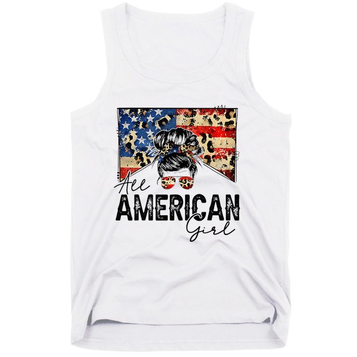 All American 4th Of July  Messy Bun USA Flag Tank Top