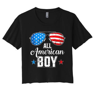 All American 4th Of July USA Sunglasses Family Matching Women's Crop Top Tee