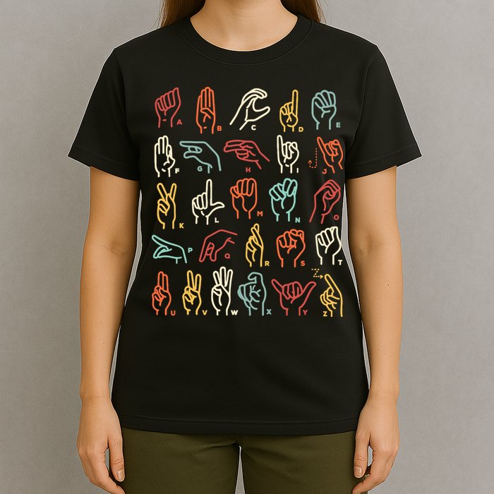 Asl Abc American Sign Language Alphabet Retro Deaf Awareness T-Shirt