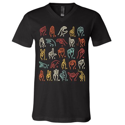 Asl Abc American Sign Language Alphabet Retro Deaf Awareness V-Neck T-Shirt