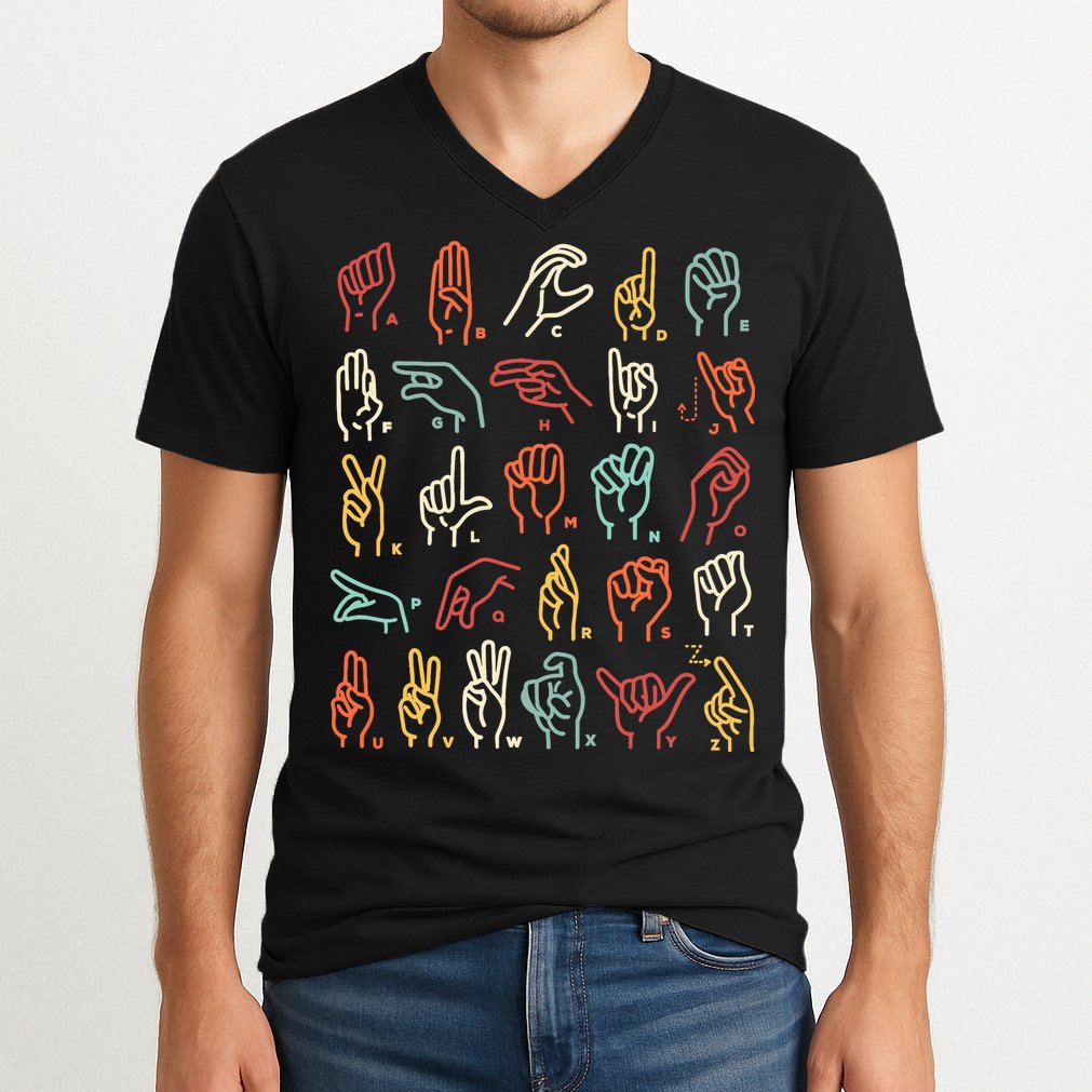 Asl Abc American Sign Language Alphabet Retro Deaf Awareness V-Neck T-Shirt