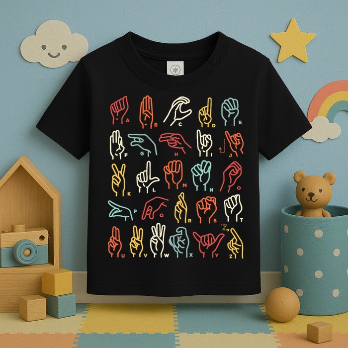 Asl Abc American Sign Language Alphabet Retro Deaf Awareness Toddler T-Shirt