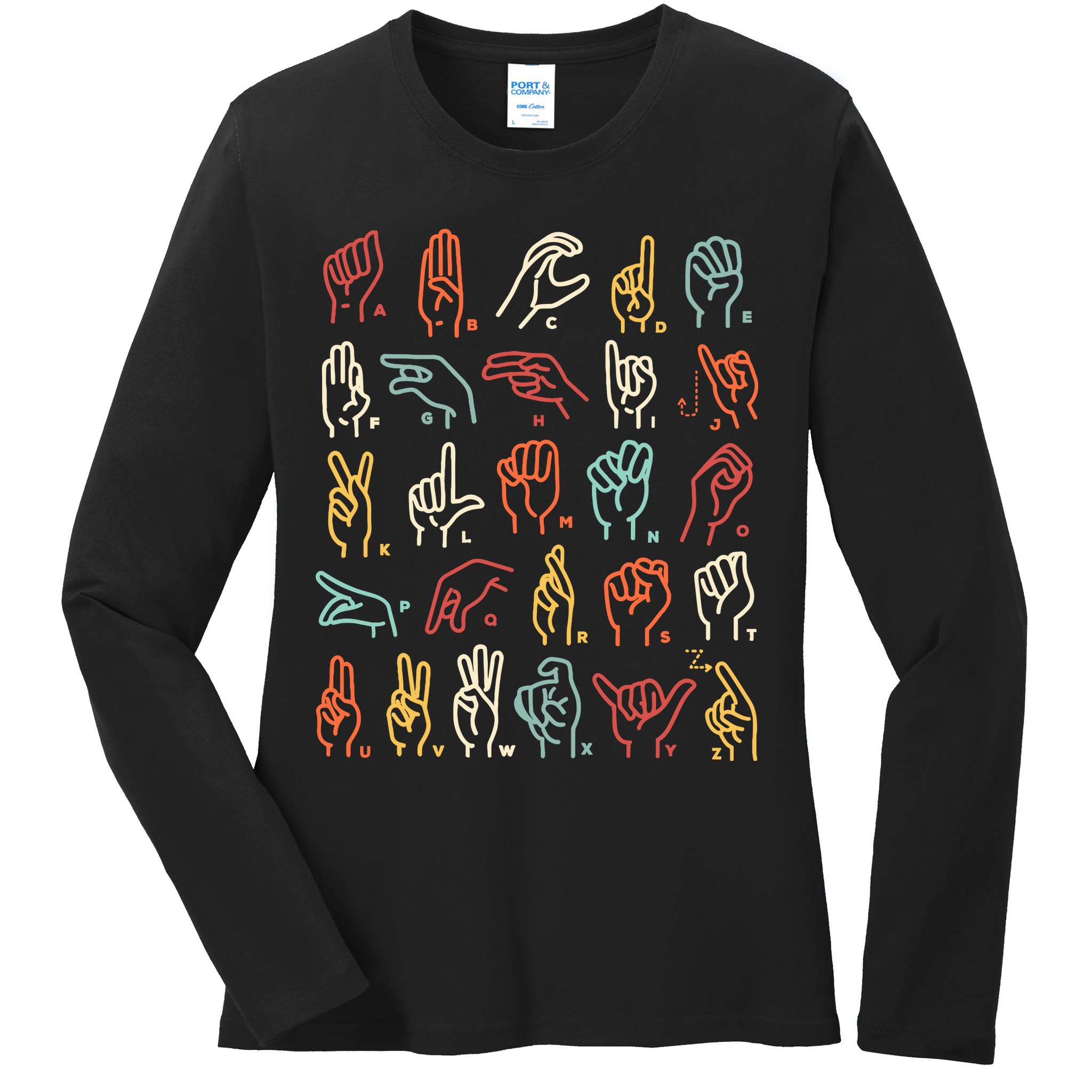 Asl Abc American Sign Language Alphabet Retro Deaf Awareness Ladies Long Sleeve Shirt