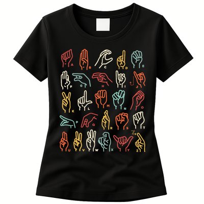 Asl Abc American Sign Language Alphabet Retro Deaf Awareness Womens T-Shirt
