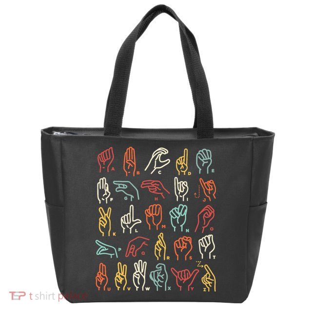 Asl Abc American Sign Language Alphabet Retro Deaf Awareness Zip Tote Bag