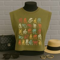 Asl Abc American Sign Language Alphabet Retro Deaf Awareness Garment-Dyed Women's Muscle Tee