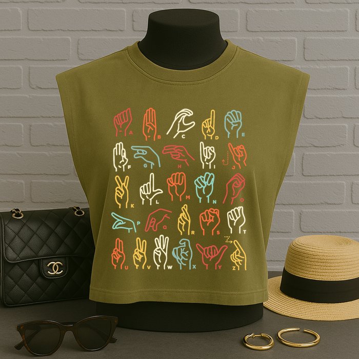 Asl Abc American Sign Language Alphabet Retro Deaf Awareness Garment-Dyed Women's Muscle Tee