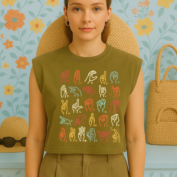 Asl Abc American Sign Language Alphabet Retro Deaf Awareness Garment-Dyed Women's Muscle Tee