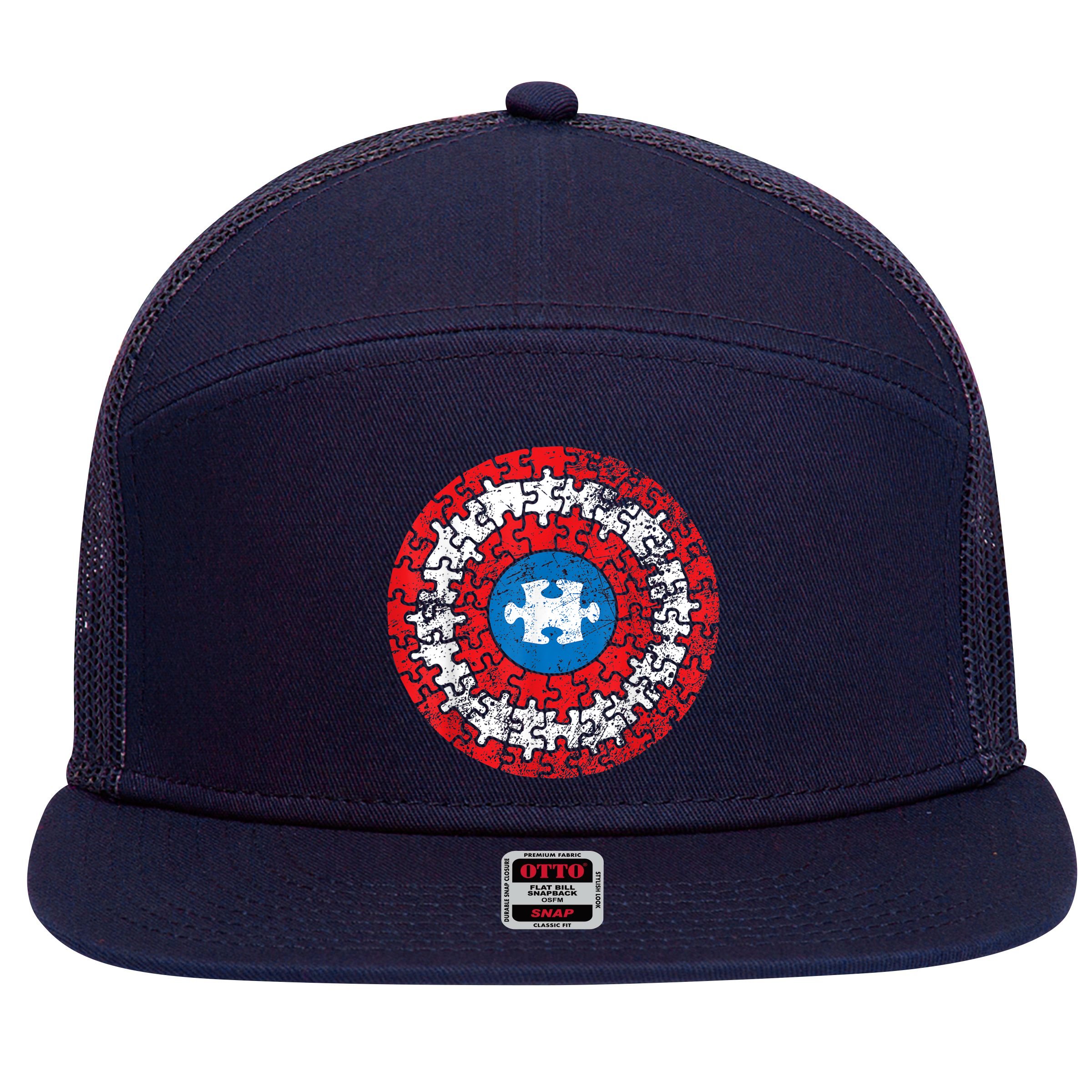 Autism Awareness America Shield Parody Spoof Design 7 Panel Mesh Trucker Snapback Hat