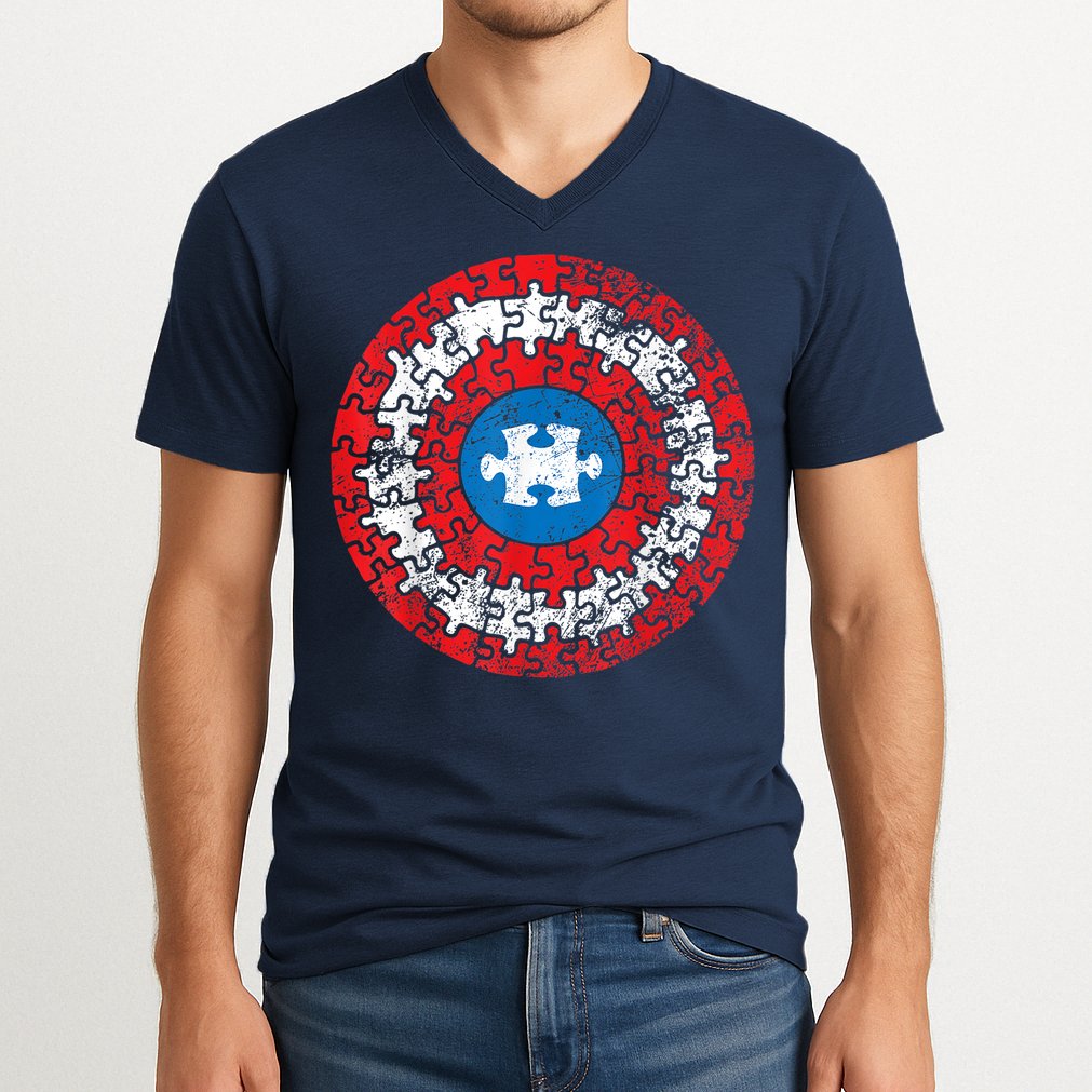 Autism Awareness America Shield Parody Spoof Design V-Neck T-Shirt
