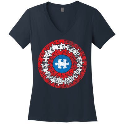 Autism Awareness America Shield Parody Spoof Design Women's V-Neck T-Shirt