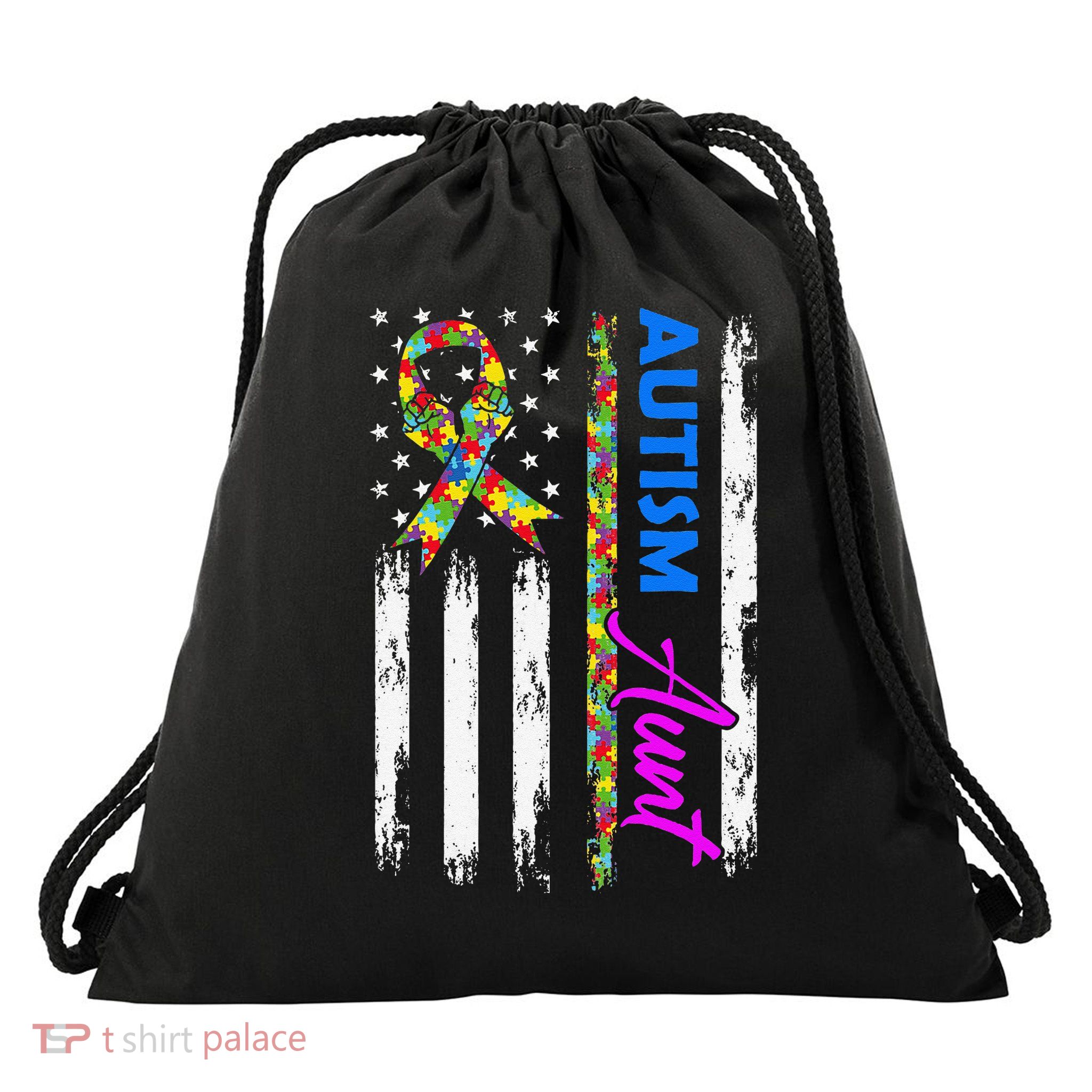 Autism Aunt American Flag Puzzle Ribbon Support Drawstring Bag