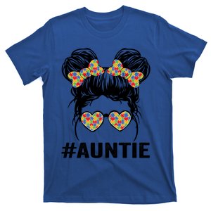 Autism Awareness Auntie Messy Bun Glasses Autistic Support Cool Gift T-Shirt