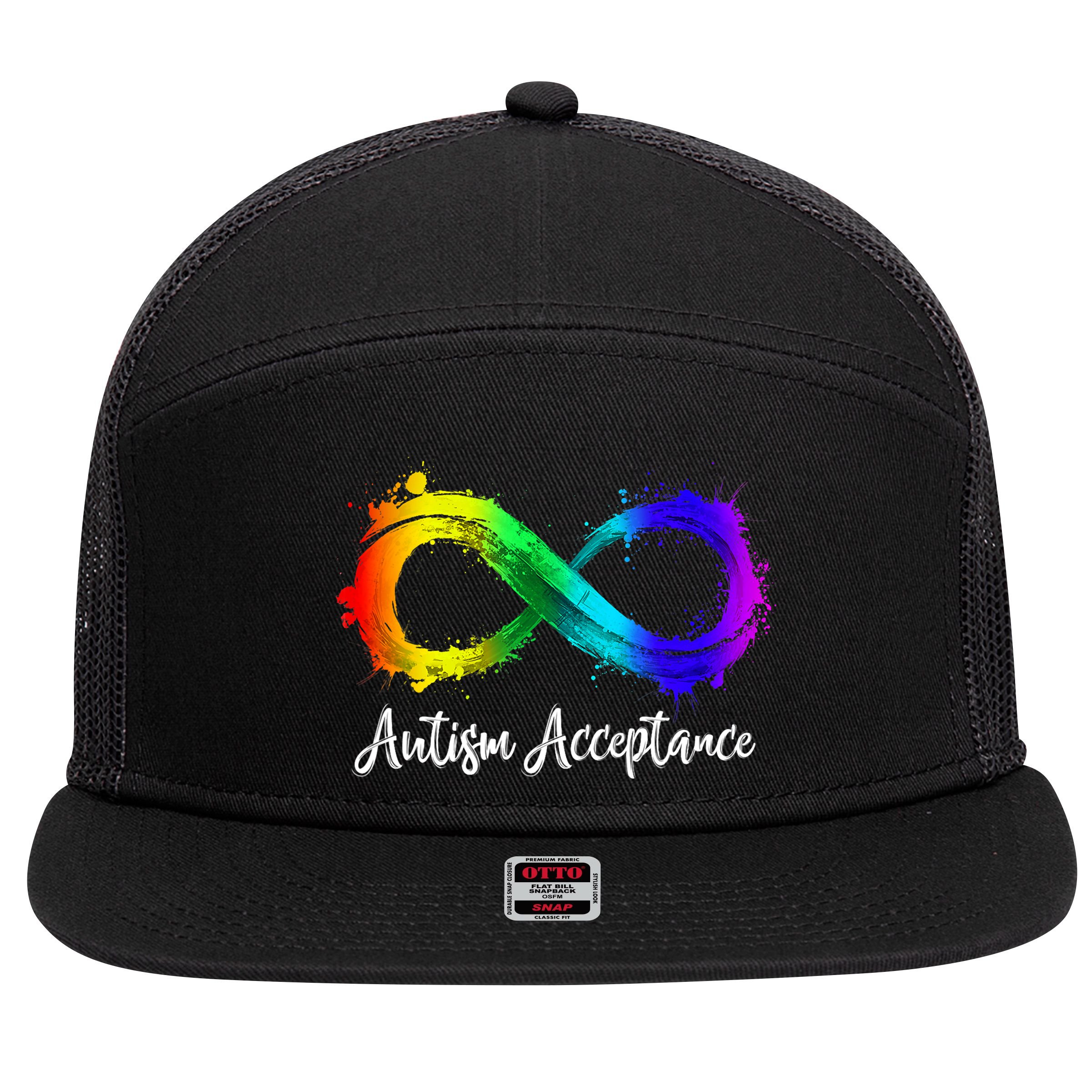 Autism Awareness Acceptance Rainbow Infinity Symbol Gift 7 Panel Mesh Trucker Snapback Hat