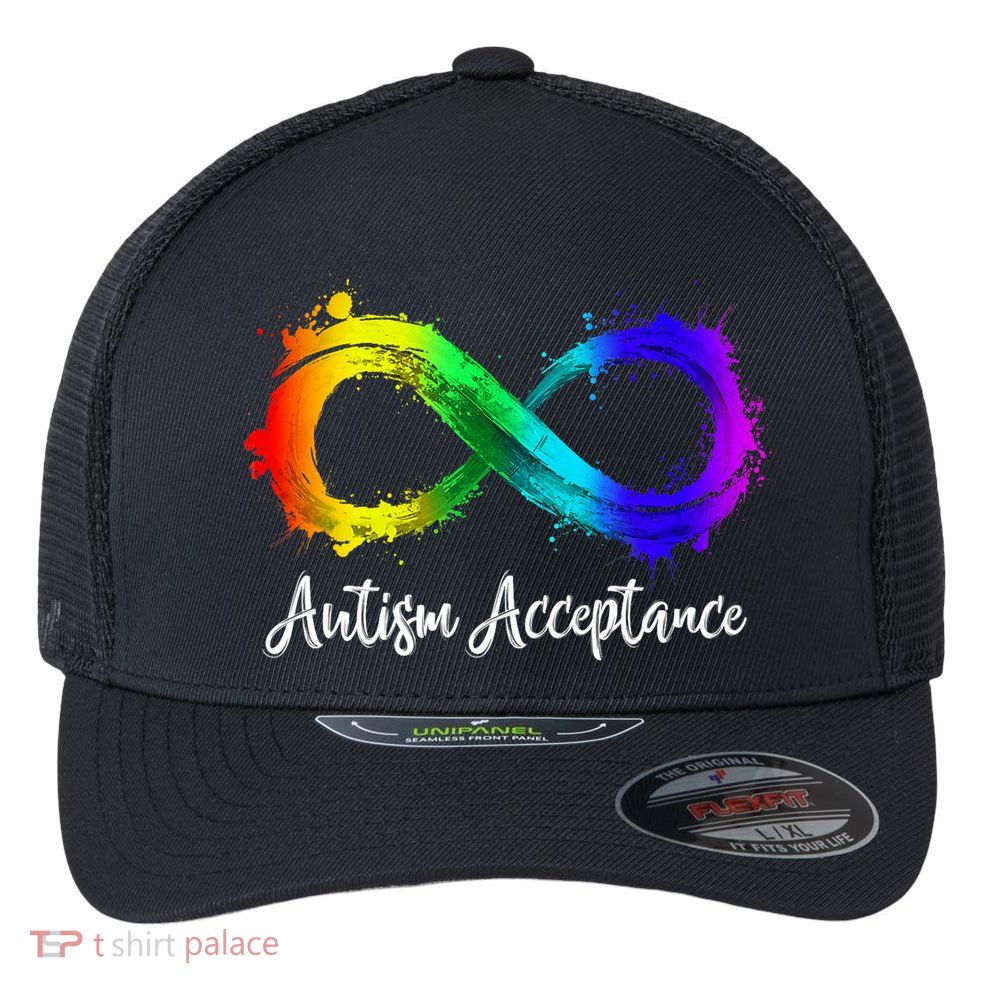Autism Awareness Acceptance Rainbow Infinity Symbol Gift Flexfit Unipanel Trucker Cap