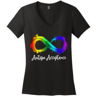 Autism Awareness Acceptance Rainbow Infinity Symbol Gift Women's V-Neck T-Shirt