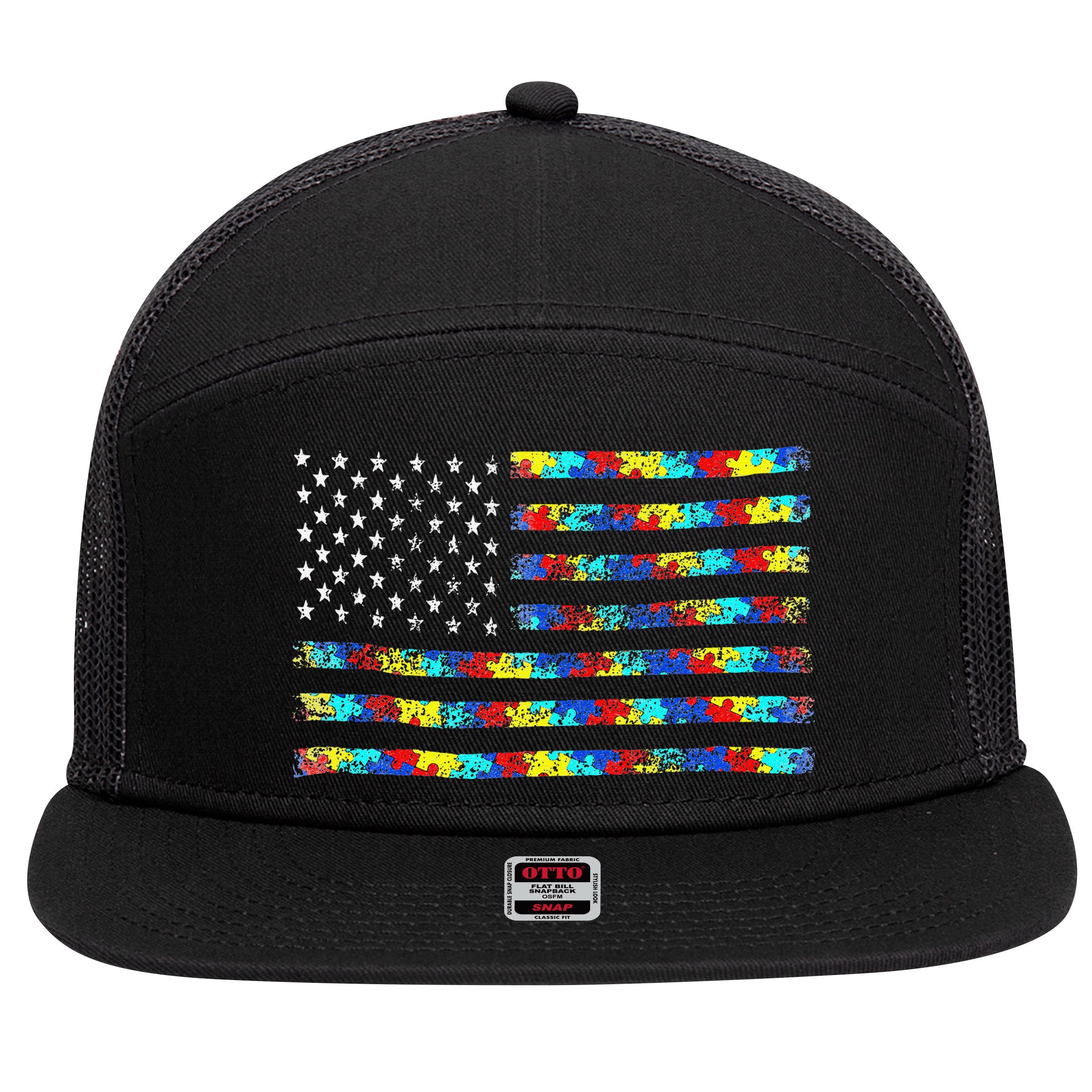 Autism Awareness American Flag 7 Panel Mesh Trucker Snapback Hat
