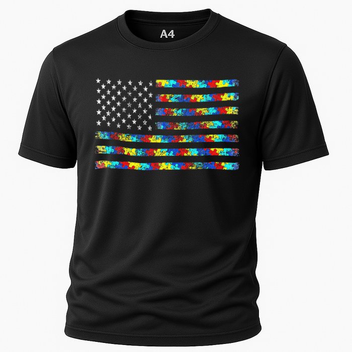 Autism Awareness American Flag Cooling Performance Crew T-Shirt