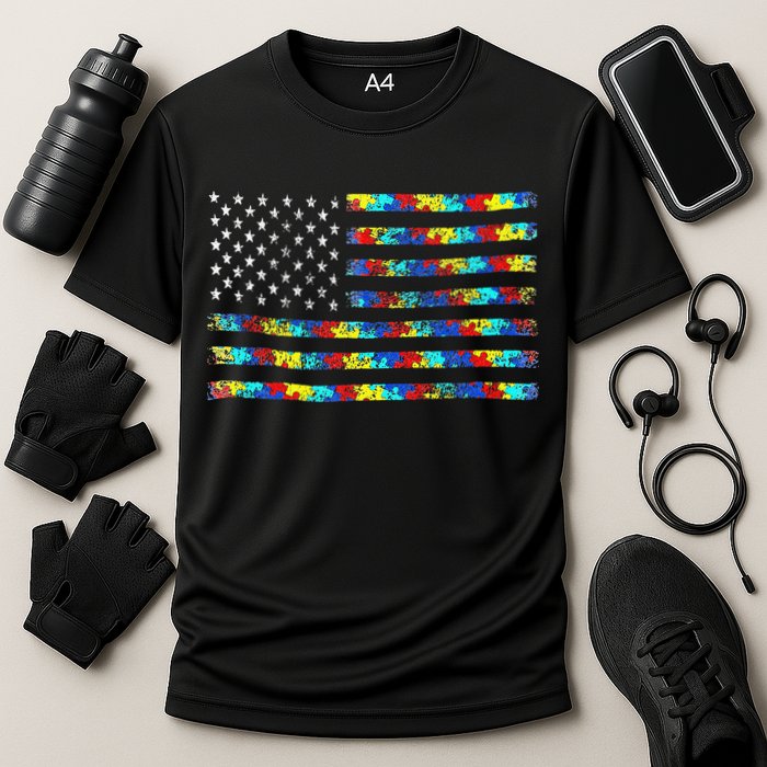 Autism Awareness American Flag Cooling Performance Crew T-Shirt