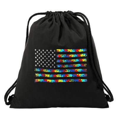 Autism Awareness American Flag Drawstring Bag