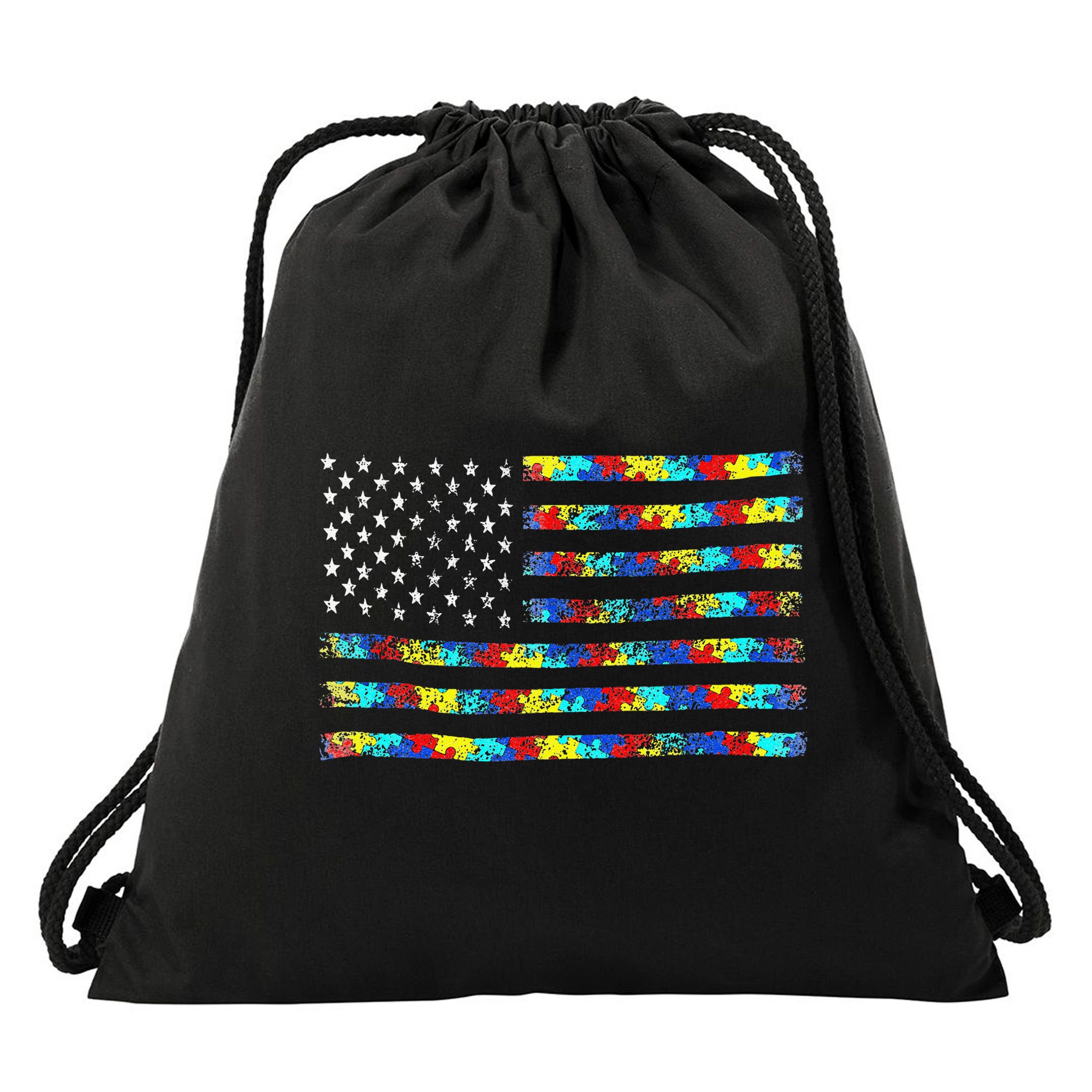 Autism Awareness American Flag Drawstring Bag
