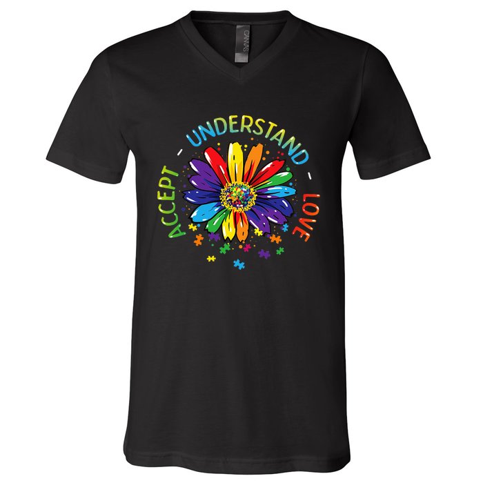 Autism Awareness Accept Understand Love Rainbow ASD Flower V-Neck T-Shirt