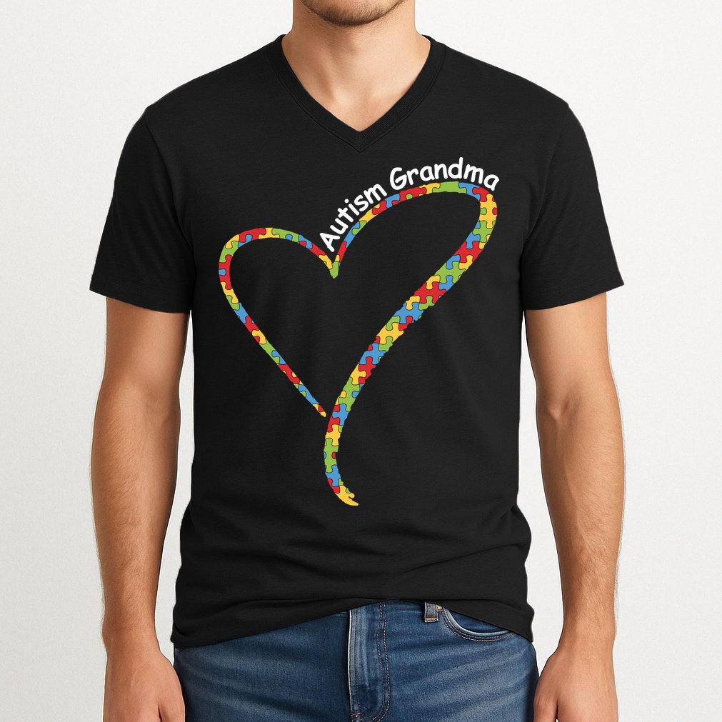 Autism Awareness Autism Grandma Heart V-Neck T-Shirt