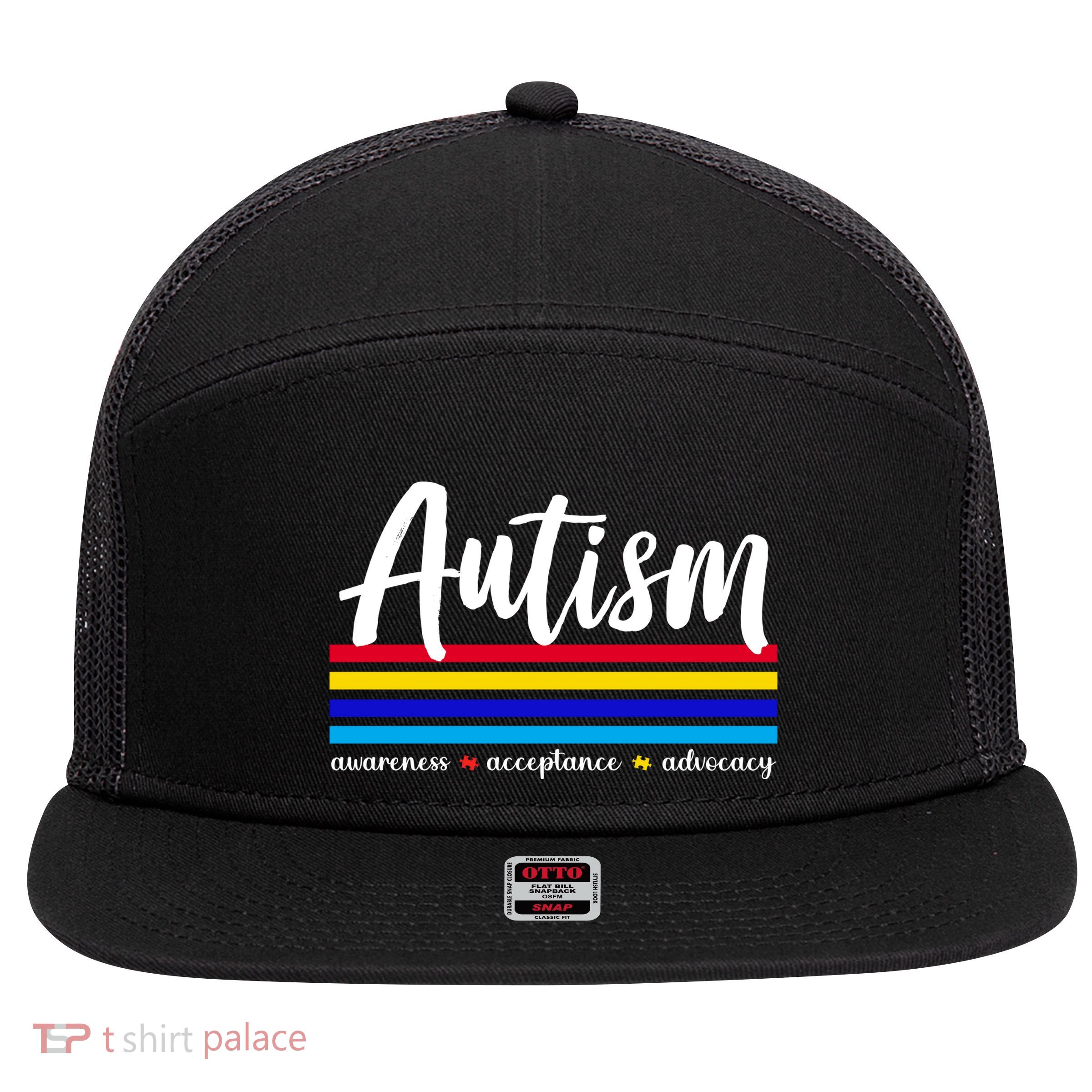 Autism Awareness Acceptance Advocacy 7 Panel Mesh Trucker Snapback Hat