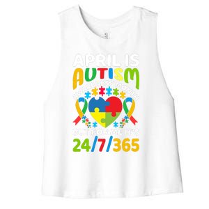 April Autism Awareness Month Autism Advocacy Autism Ribbon Autism Support Women's Racerback Cropped Tank