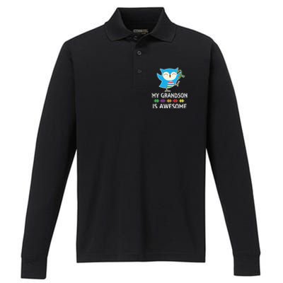 Autism Awareness Autistic Grandson Support Owl Performance Long Sleeve Polo