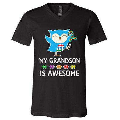 Autism Awareness Autistic Grandson Support Owl V-Neck T-Shirt