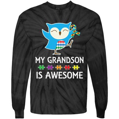 Autism Awareness Autistic Grandson Support Owl Tie-Dye Long Sleeve Shirt